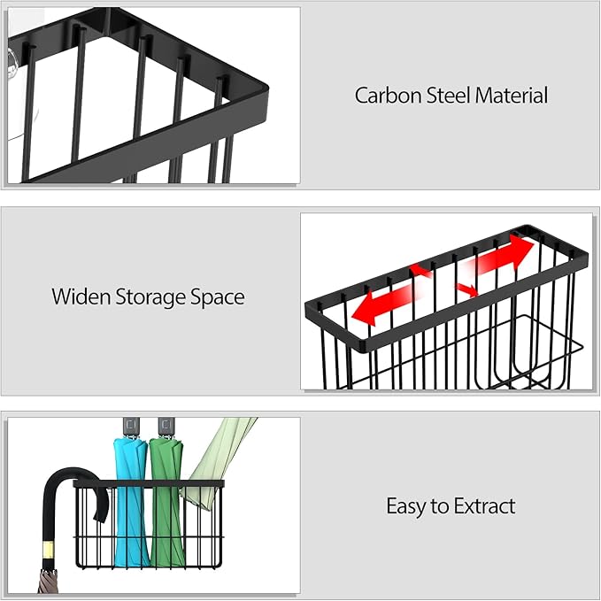 Umbrella Stand Wall Mount - Metal Wire Storage Rack for Entryway, Door & Office - Space Saving Adhesive Organizer Holder for Long & Short Umbrellas, Walking Canes - No Drill Install (Black)