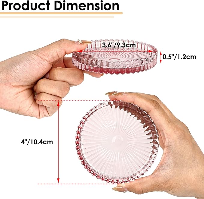 Modern Clear Coaster Set of 5- Glass Coasters for Drinks Crystal Coasters Round Cup Coaster Coffee Table Decor for Office, Kitchen, Bar, Dining Room, Living Room, Patio(Clear Pink)