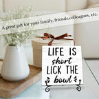 Life is Short Lick the Bowl Wooden Sign - 5" Funny Wooden Plaque With Metal Support - Rustic Tabletop Bathroom, Toilet, Kitchen Room Decor - Housewarming Gifts For Family & Friends - A01