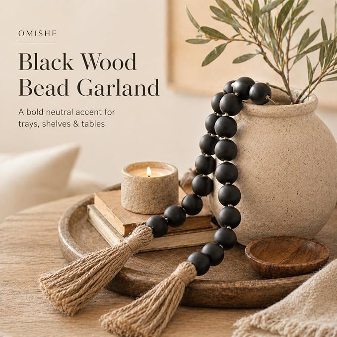 OMISHE 60" Long Extra Large Wood Bead Garland with 1.6" Diameter Wooden Beads and Tassels, Rustic Farmhouse Country Decorative Beads for Home Decor Tiered Tray Decor, Black