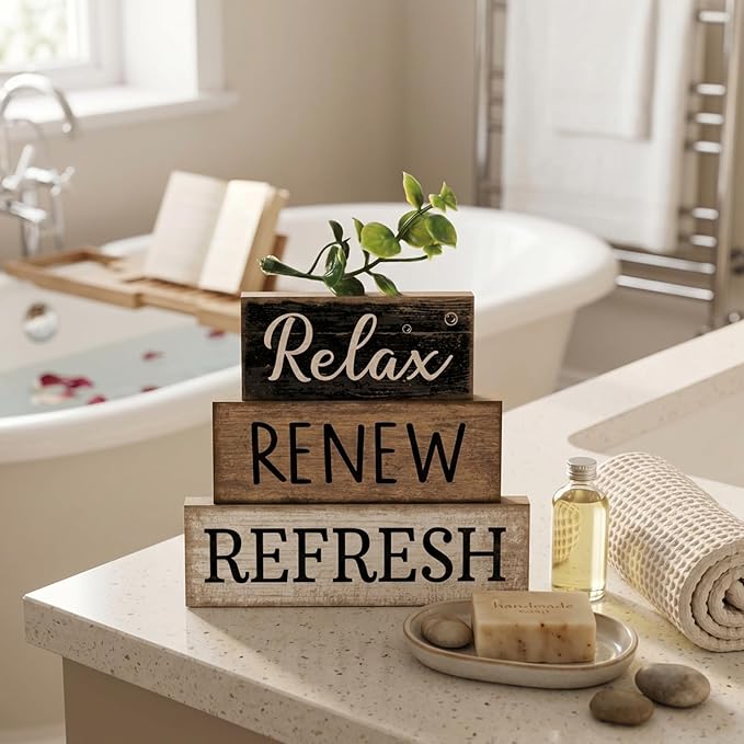 Moucuny 4 Pcs Bathroom Shelf Decor Sign Farmhouse Bathroom Decor and Accessories Rustic Eucalyptus Leaves Block Sign Gift Relax Renew Refresh Farmhouse Table Centerpiece for Home Office Toilet