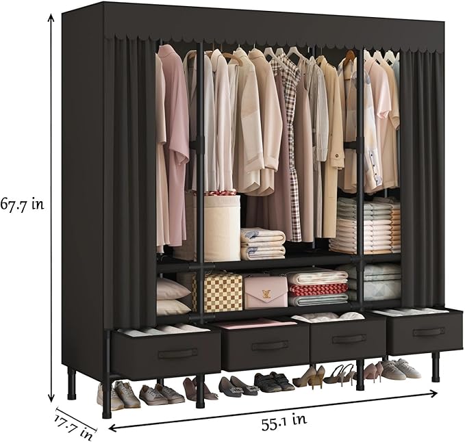 Portable Closet,Garment Rack,Heavy Duty Clothes Rack with Cover,Wardrobe Closet with 3 Hanging Rods, 6 Storage Shelves and 4 Drawers,55.1" L x 17.7" W x 67.7" H,Black
