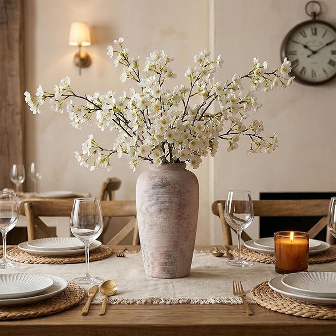 Rustic Distressed Ceramic Threaded Vase, 11" H Handmade Wabi Sabi Decor Vase (Antique Terracotta with Lime White & Distressed Black Patches) for Living Room Table Centerpieces, Entryway & Fireplace
