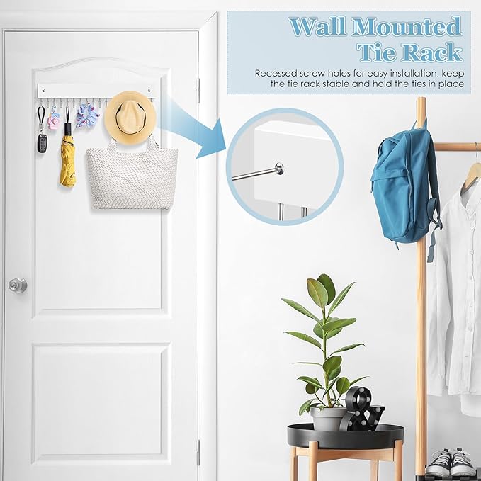 Tie Rack Belt Hanger Wall Mounted, Lomrsiul Non Slip 180 Degree Rotating Tie Organizer for Men Closet with 18 Hooks Closet Organizers and Storage for Tie Belt Necklace Purse Scarf Bag White 2 Pack