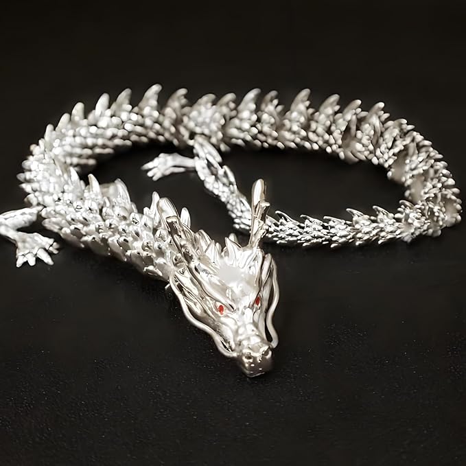 LIYAOLI 3D Printed Metal Articulated Dragon 2024 Silver Chinese Dragon Statue 9 Inch Flexible Joints Luck Statue Decor for Home Office Desk Decoration