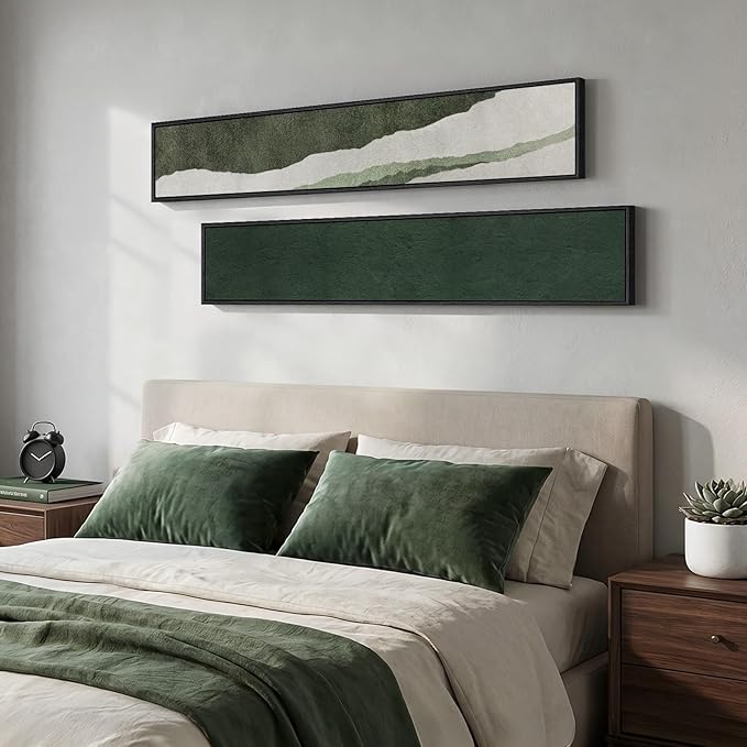 Long Narrow Framed Green Vertical Abstract Wall Art Set, 2 Piece Modern Canvas Prints Paintings Artwork for Walls, Green White Minimalist Pictures for Living Room Bedroom Entryway Hallway Wall Decor