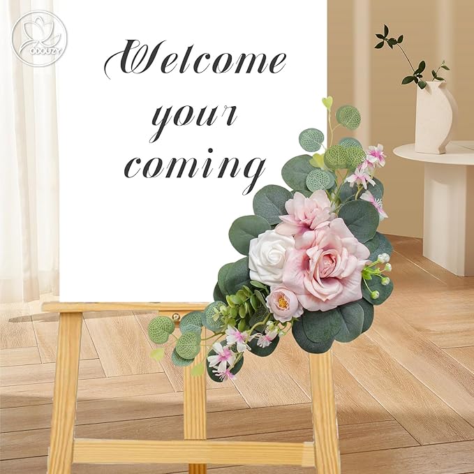 Odouzy Artificial Wedding Arch Flowers for Wedding Sign,Set of 2 for Welcome Ceremony Sign,Faux Floral Swags, Banquet and Reception Backdrop Floral Decoration (Pink)