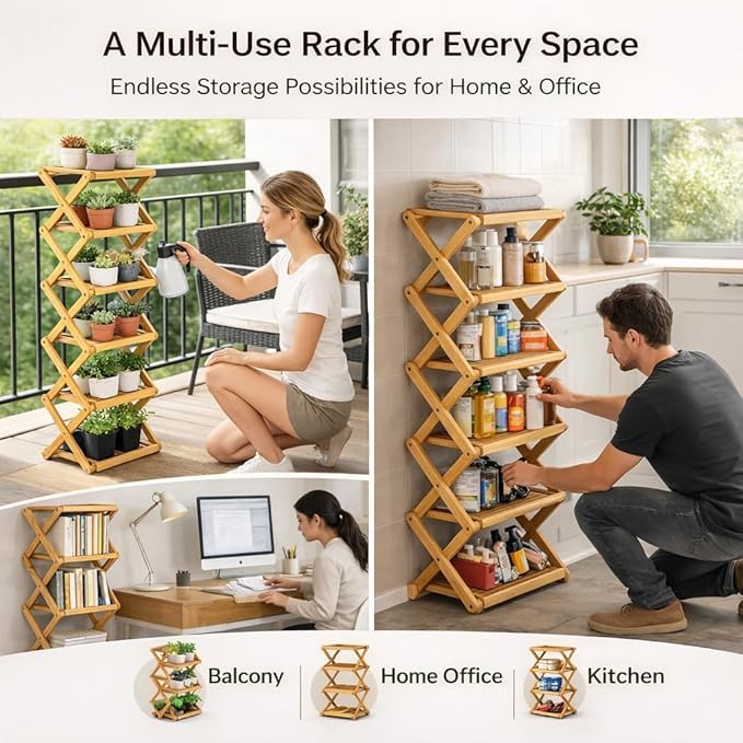 The 5-Tier No-Assembly Bamboo Rack, Bamboo Shoe Rack, Foldable Shoe Rack, Space Saving Collapsible Shelves for Entryway, Closet, Bathroom, Bamboo Shoe Rack, Foldable Shoe Rack (Wood, 5Tier)