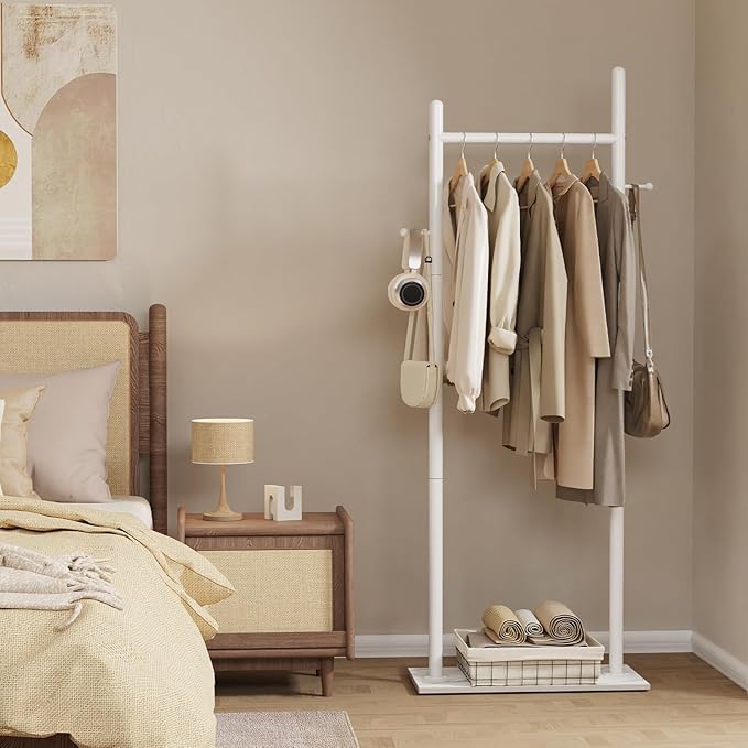 Nianerfaya Coat Rack with 2 Hooks, Standing Garment Storage for Indoor - Coat Tree for Hanging Clothes for Bedroom - 19.7" Wide Heavy Duty Clothe Rack Metal Clothing Hanger Rack (White)