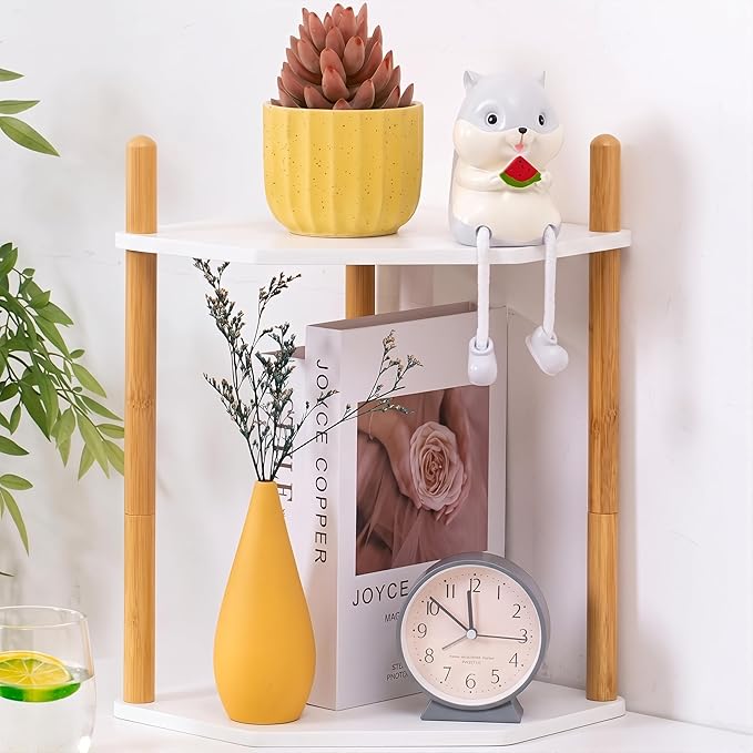 3-Tier Expandable Bamboo Corner Shelf - Dish/Plate Organizer for Cabinet, Kitchen Counter Shelf & Small Kitchen Shelf, Adjustable (11.4" H-White, 2-Tier)