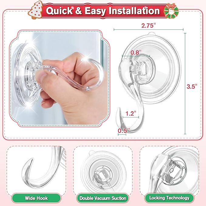 VIS'V Wreath Hanger, Large Suction Cup Wreath Hooks with Wipes, Heavy Duty, 22 LB Capacity, Removable and Reusable, Clear, 8 Pcs
