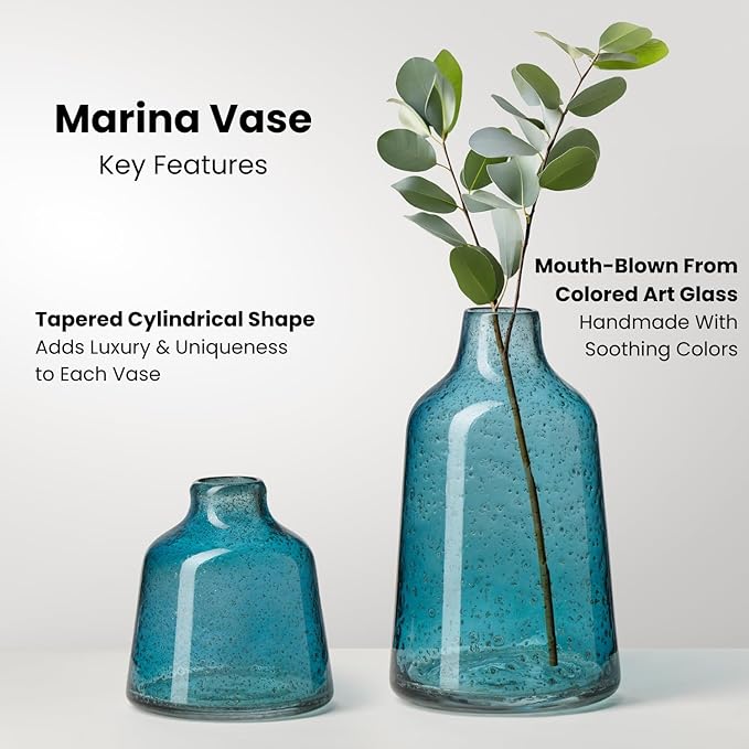 Torre & Tagus 10 Inch Tall Blue Glass Vase with Gold Flakes, Mouth Blown Glass Vase Blue Flower Vase Centerpieces, Watertight for Hydroponic Plants, Coastal Decor Accents (Marina)