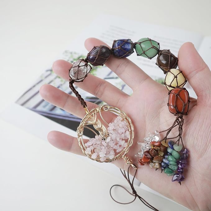 Handmade Crystal Window Car Hanging Ornaments 7 Chakra Home Decoration Feng Shui Ornament Yoga Meditation Car Decoration Tumbled Palm Stones (Style10)