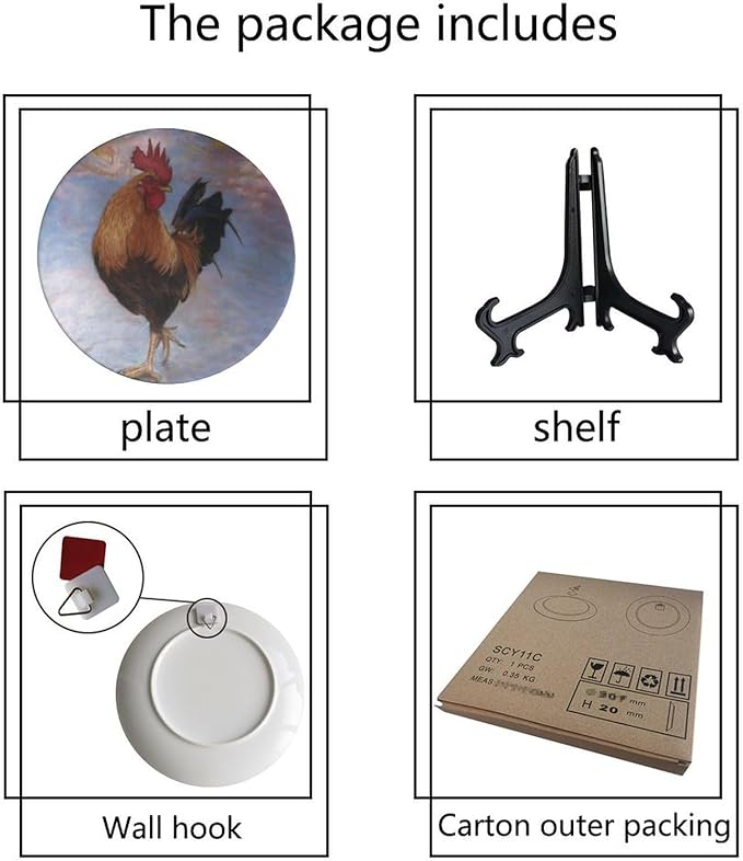 Rooster Decorative Plates, 6 Inch, Watercolor Painting Rooster Round Display Plate, Hanging Decorative Plate with Display Stand, for Home Kitchen Bedroom Decorative Ornaments