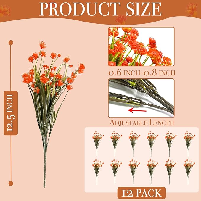 12 Bundles Artificial Flowers for Outdoors Spring Summer Decorations, UV Resistant Fake Mums Realistic Fake Plants Faux Plastic Flowers for Outdoor Indoor Home Gardens Porch Fall Decor(Orange Red)