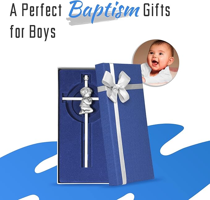 Tryuunion Baby Wall Cross Baptism Gifts for Boys, 7-inch Silver Blessing Boy Baptism Crosses for First Holy Communion Christening and Dedication Baptismal Gifts from Godparents