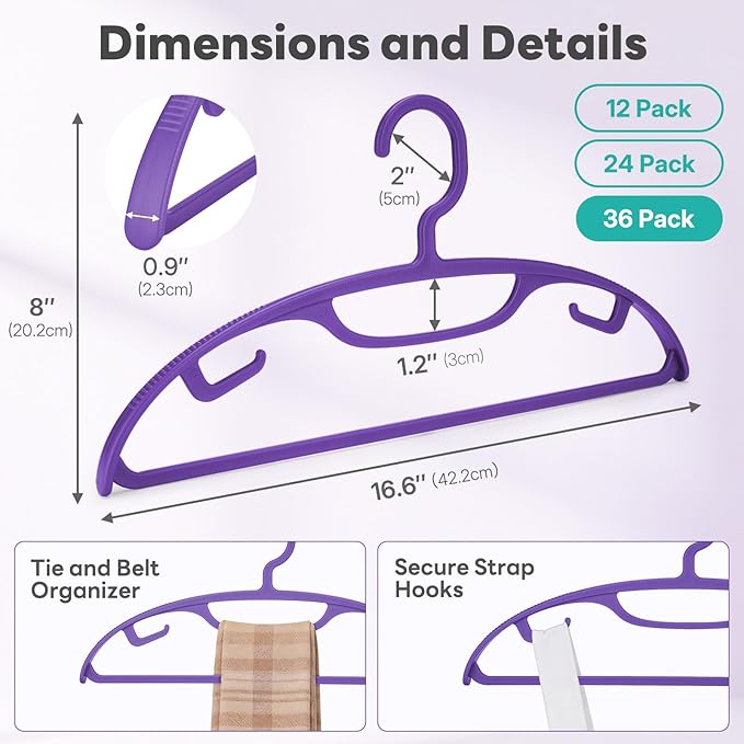 HOUSE DAY Plastic Clothes Hangers 36 Pack, Sweater Hangers No Shoulder Bump, Thick Heavy Duty Coat Hanger for Closet, Purple Wide Hanger with Non-Slip Hook for Sweaters, Suits, Dresses, Jackets, Pants