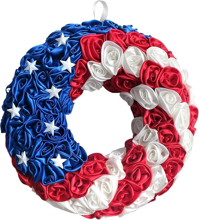 14 Inch Patriotic Roses Handcrafted Wreath, Artificial 4th of July Soft Touch Silk Roses and Metal Stars Wreath for Front Door, Memorial Day for Indoor and Outdoor