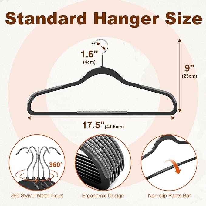HOUSE DAY Heavy Duty Plastic Hangers 60 Pack, Non Slip Clothes Hangers with Rubber Pads and 360° Hook - Thin 0.2 Inch, Space Saving Coat Hanger Black, Closet Organizer for Shirt, Pants, Suit, Skirt