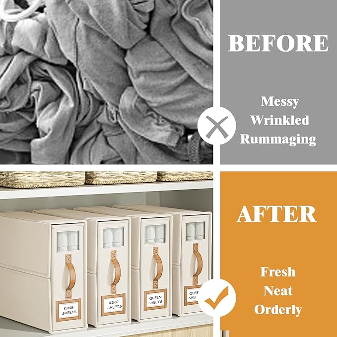 8 Pack Foldable Bed Sheets Set Organizers and Storage(King & Queen Size),Linen Fabric Closet Organizers with Window,Folding Bedding Storage Box for Bedsheets and Pillow Cube Organizer-Beige