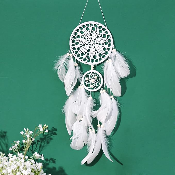 Dream Catchers Boho Wall Decor - Handmade Moon and Sun Feather Dreamcatcher Set, Traditional Native American Wall Hanging for Kids Bedroom, Adult Living Room, Home Bohemian Decor (White, 5 pcs)