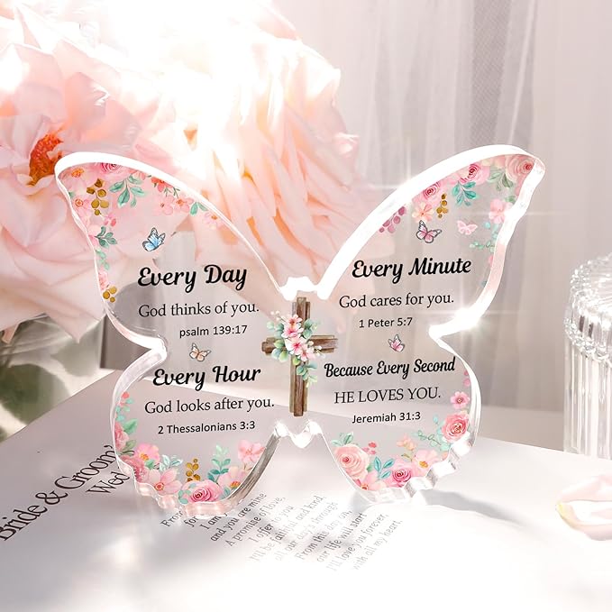Christian Gifts for Women Faith, Butterfly Acrylic Plaque Sign, Christian Gift for Women on Mothers Day Birthday, Spiritual Present for Female Friend Family, 5x3.8x0.5 Inch - Pink