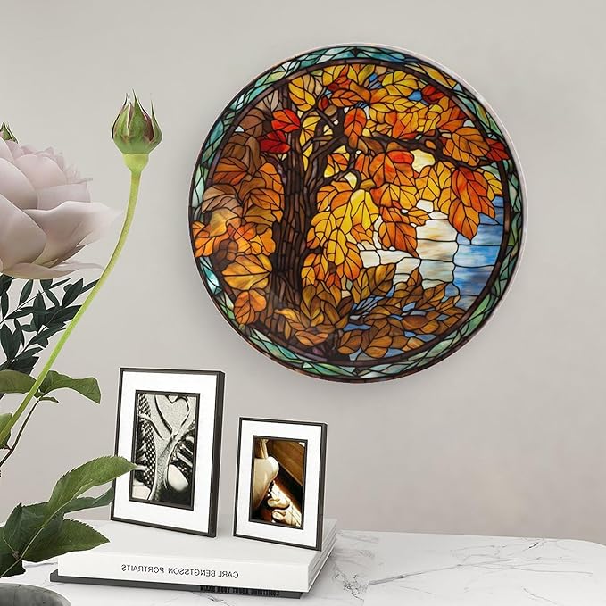 Autumn Decorative Plates, Stained Glass Design Autumn Tree Display Plate for Home Office Kitchen Table Decor Porcelain Plates 8 Inch, Thanksgiving Gifts