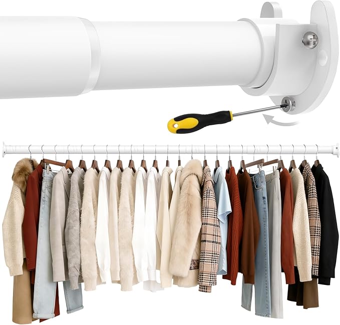 17 to 84 Inch Closet Rods for Hanging Clothes with Screwdriver, Stepless Adjustable Closet Rod Heavy Duty, 1.3 Inch Clothes Hanging Rod Metal Closets Pole Bar for Wardrobes Laundry Bathroom RV, White