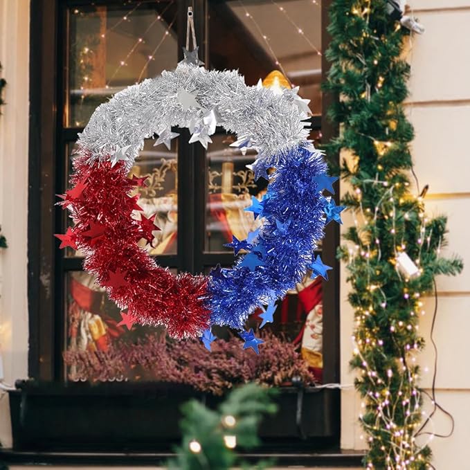 Patriotic Wreath for Front Door Red White Blue Wreath 4th of July Wreaths for Door Wall Memorial Day Decor Independence Day Hanging Decoration for Outside Home Farmhouse Holiday (Shiny A)