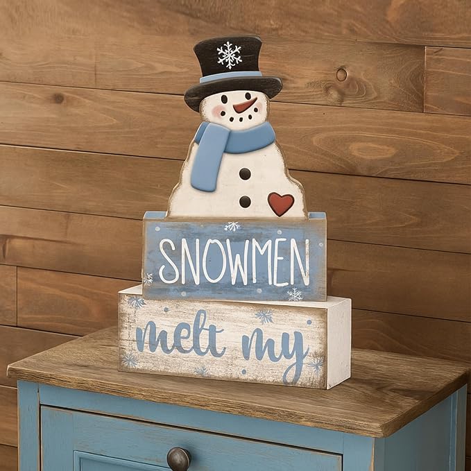 Moucuny 4 Pcs Winter Table Decorations Blue and White Snowman Decor Winter Tiered Tray Decor Valentines Day Centerpiece Rustic Decorative Hat Snowman Block Signs Gift Farmhouse for Home Kitchen Shelf