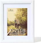 KTKDE 12x15 Picture Frame,Display Pictures 9 x12 with Mat or 12x15 Without, Tempered Glass,15 by 12 White Wooden Frame Wall Gallery Poster Frame best gift