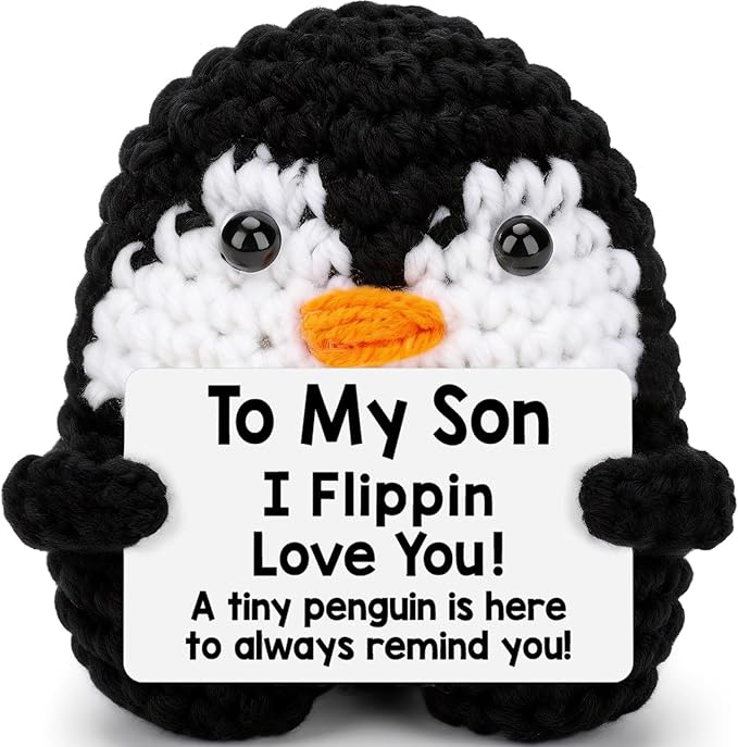 Belatelove Son Gifts from Mom Dad, Handmade Crochet Mini Penguin Mother Day Birthday Gift for Son Teen Bonus Step, to My Son Gifts for Birthday, Funny I Love You Fathers Day Easter Decor