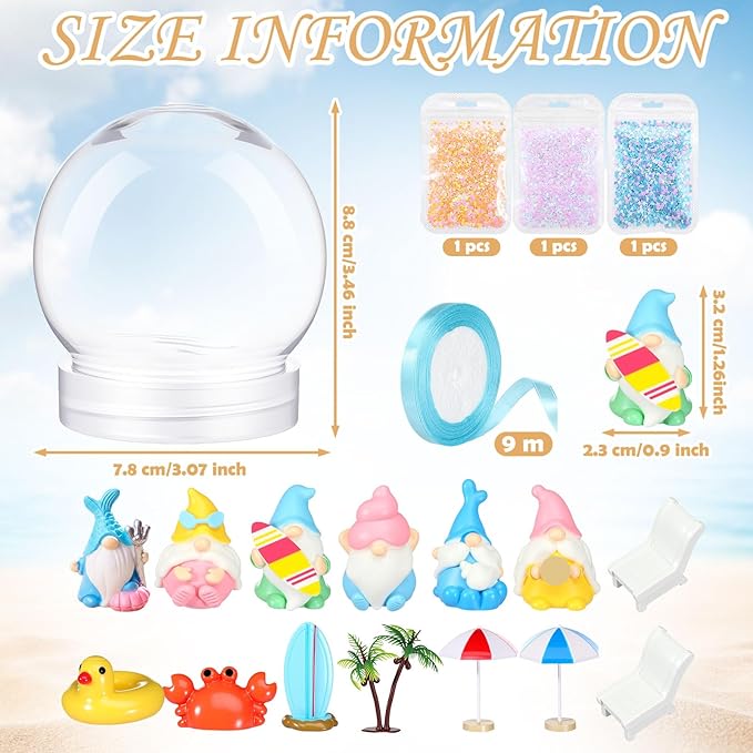 6 Set Beach Summer Snow Globe Craft Kit DIY Coastal Snow Globes with Ocean Gnomes, Glue Gun, Glitter & Ribbon for Summer Coastal Beach Party Favor