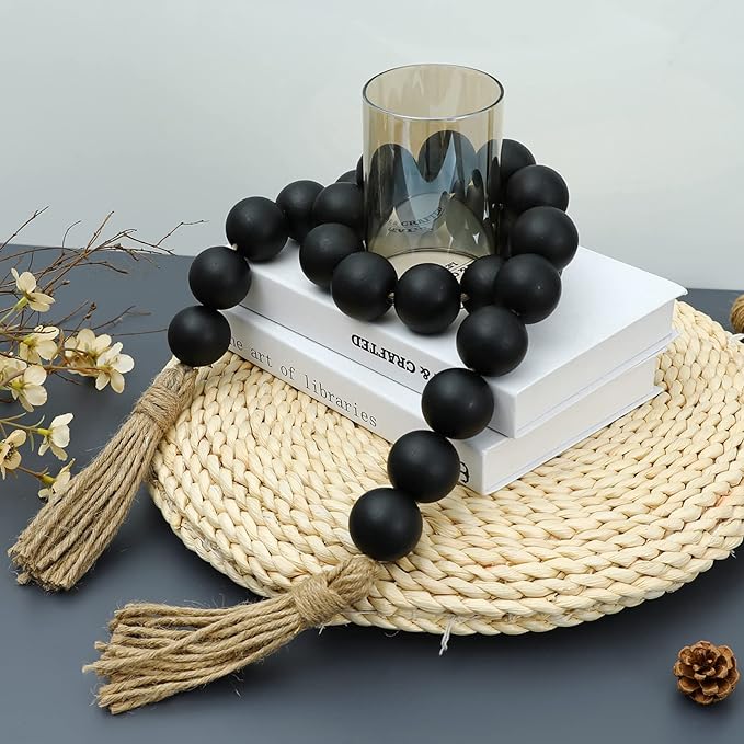 Large Black Wooden Beads Garland Farmhouse Decor 50inch long with 1.6" Diameter beads, Wood Beads Decor Tassel Garland Decorative Boho Country Decoration for Coffee Table Home Tiered Tray Wall Hanging