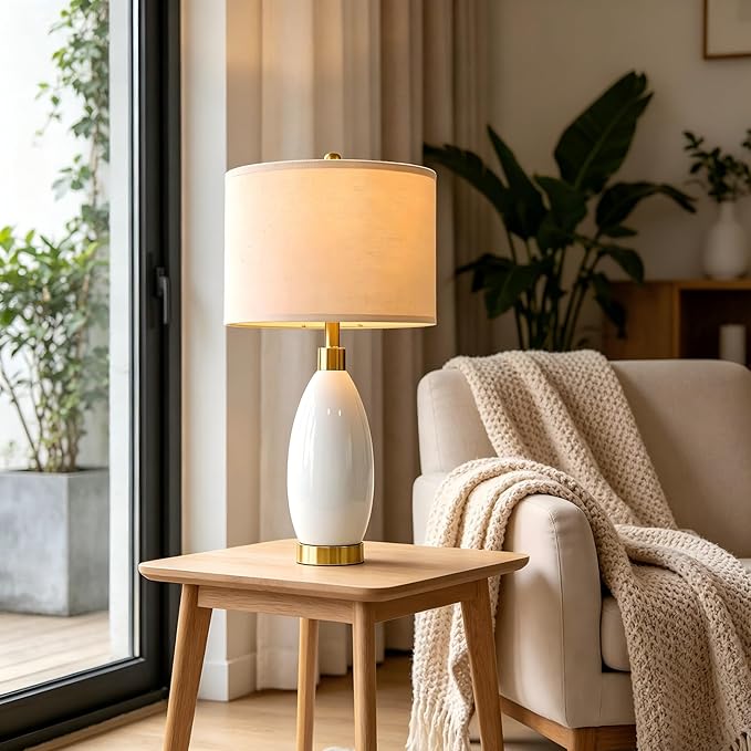 USumkky 24" White Oval Ceramic Table Lamp Set of 2, Modern Minimalist Bedside Nightstand Lamps for Bedroom Living Room, Linen Shade & Gold Metal Base, Rotary Switch E26 (Bulbs Excluded)