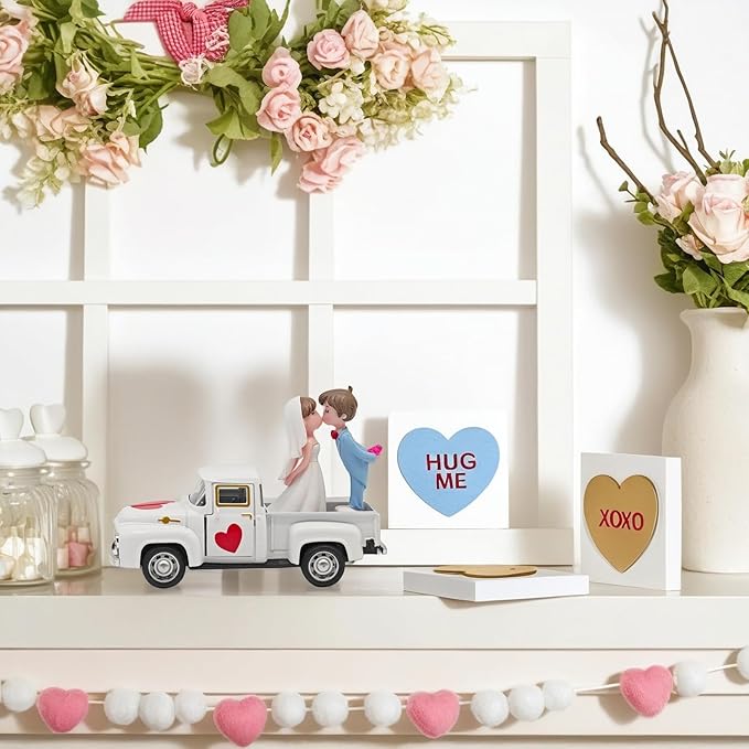 Valentines Day Decorations Farmhouse Vintage Mini Truck with Love Couple Figurines, Heart Pattern, Valentine's Day Home Tiered Tray Decor Valentine & Wedding Table Centerpiece Gifts for Her Him