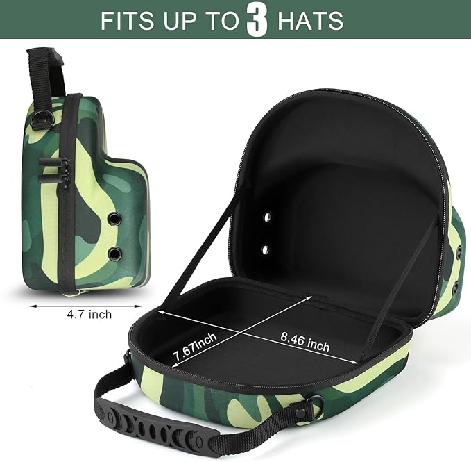 Hard baseball hat case, Hat Carrier Travel Case with Adjustable Shoulder Strap, Hat cap case for 3 Baseball Caps - Perfect for Traveling & At-Home Storage (Camo Green)