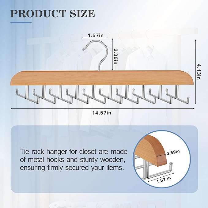 Tie Rack Hanger for Closet 20 Foldable Hooks, 1 Pack Wooden Non Slip Large Capacity Space Saving Tie and Belt Organizer with 360°Rotating Hooks for Tank Tops Bras Scarves Hat