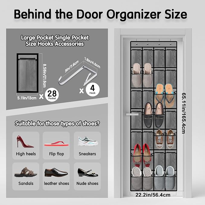 28 Compartment Over the Door Shoe Organizer, Breathable Mesh Large Shoe Rack for Closet Storage, Space Saving Hanging Shoe Holder with Reinforced Hooks (Fits Men & Women,Gray-01)