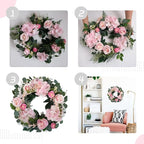 Artificial Pink Rose Wreath - 20 Inch Front Door Wreath with Hydrangea Leaves for Spring, Valentine's, Mother's Day, Wedding & Home Decor