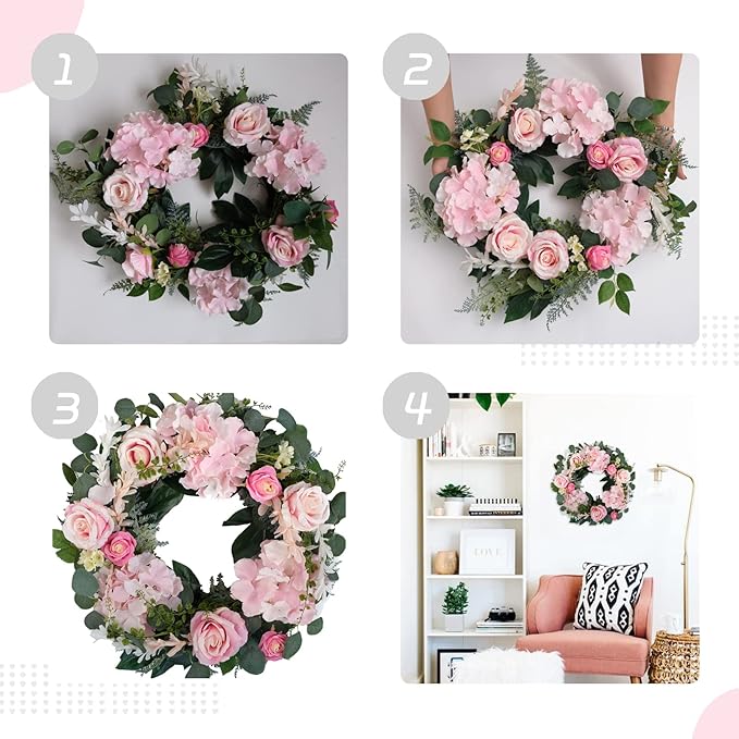 Artificial Pink Rose Wreath - 20 Inch Front Door Wreath with Hydrangea Leaves for Spring, Valentine's, Mother's Day, Wedding & Home Decor