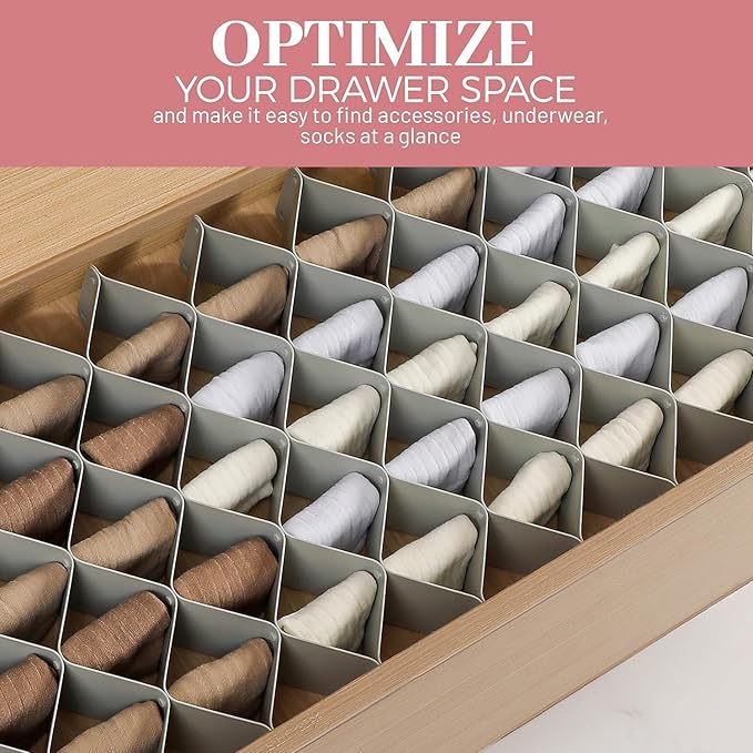 ROUFA Sock Drawer Organizer for Dresser, Honeycomb Underwear Dividers for Women, Panty Separator for Bras, Socks, Belt and Leggings (2 Sets/12pcs,Grey)