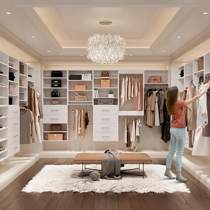 ROOMTEC Modular Closet System, 49" Wall Mounted Closet Organizer with Hanging Rods and Shoe Shelf, Wooden Tower for Walk-In Closets, Wardrobe Storage Kit, White