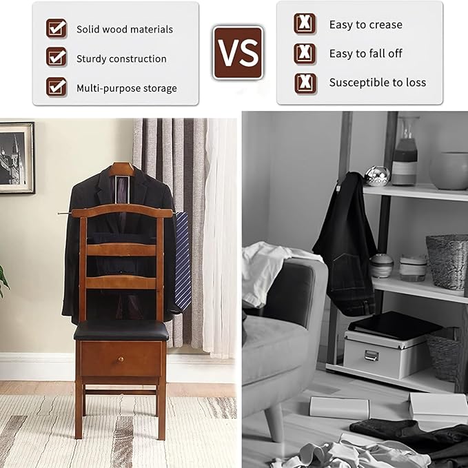 Chair Valet With Drawer,Wooden Suit Valet Stand With Contour Hanger,Trouser Bar & Tie Bar - Freestanding Clothing Organizer For Men & Women,Ideal For Office & Hotel