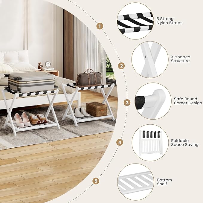 Luggage Rack for Guest Room - Set of 2 Full Assembled 26.77" L Luggage Rack Stand for Suitcases, Foldable Luggage Holder with Shoe Shelf for Bedroom, Hotel (White Bamboo Suitcase Stands)