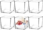 Set of 6 Square Glass Vases 3" x3" x 3", Clear Flower Vases for Centerpieces, Candle Holder for Wedding Party Events, Home Décor