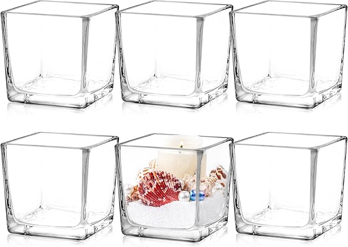 Set of 6 Square Glass Vases 3" x3" x 3", Clear Flower Vases for Centerpieces, Candle Holder for Wedding Party Events, Home Décor