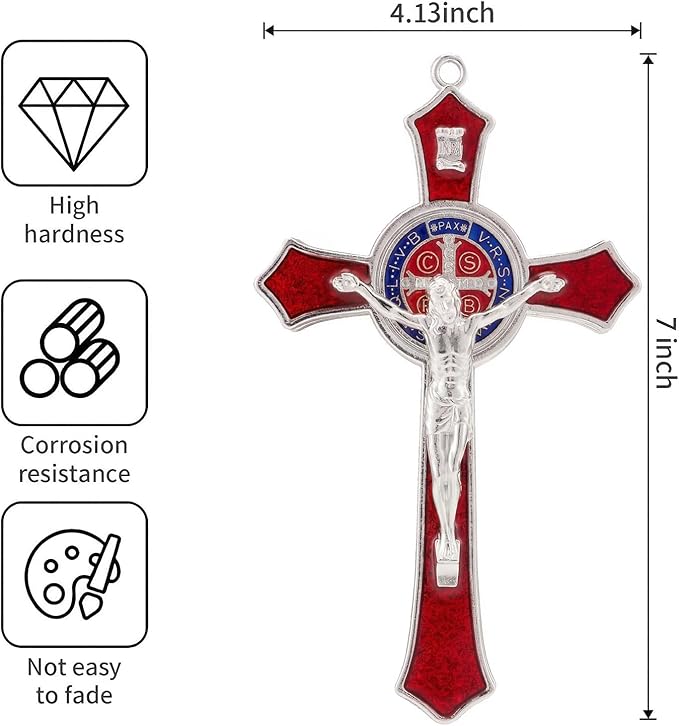 TALPGOD 7 Inch St Benedict Crucifix Red,Crucifix Wall Cross for Catholic Decor,Jesus Christ Hanging Cross Wall Art Decor,Escapularios Catolicos,Saint Benedict Medal for Home Decoration