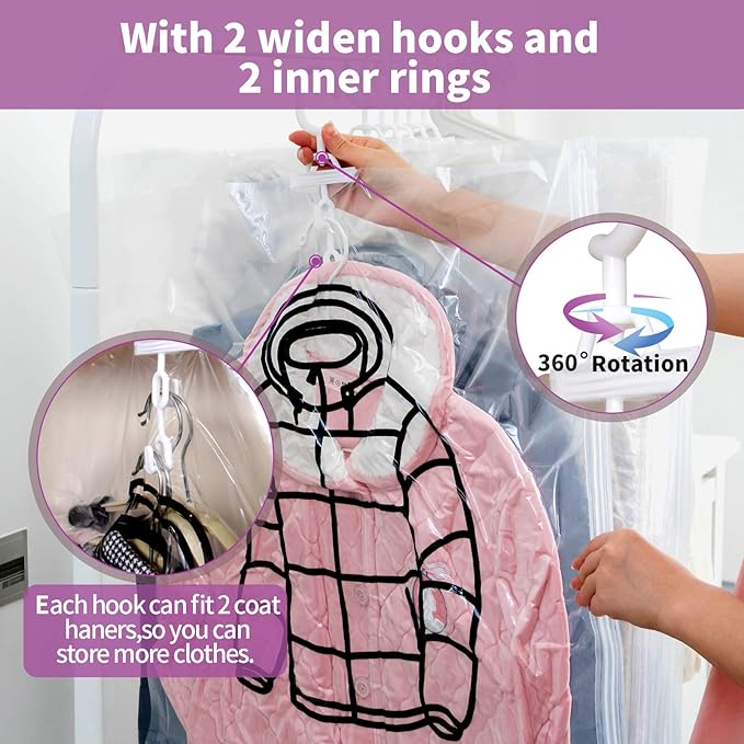 Meetall 4Pack Hanging Vacuum Storage Bag Reusable Space Saver Compressed Bag with Hangers.2pcs in 26.3x35.4inch(67x90cm) and 2pcs in 26.3x43.3inch (67x110cm).Work with Any Vacuum Cleaner.