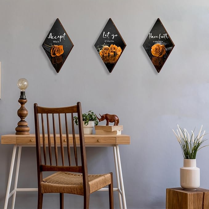 3 Pcs Orange Rose Bathroom Wall Decor Orange Decor Flower Wooden Inspirational Wall Art Bedroom Wall Decor with Accept Let Go Have Faith Sign for Bathroom Living Room Bedroom(12 x 7")